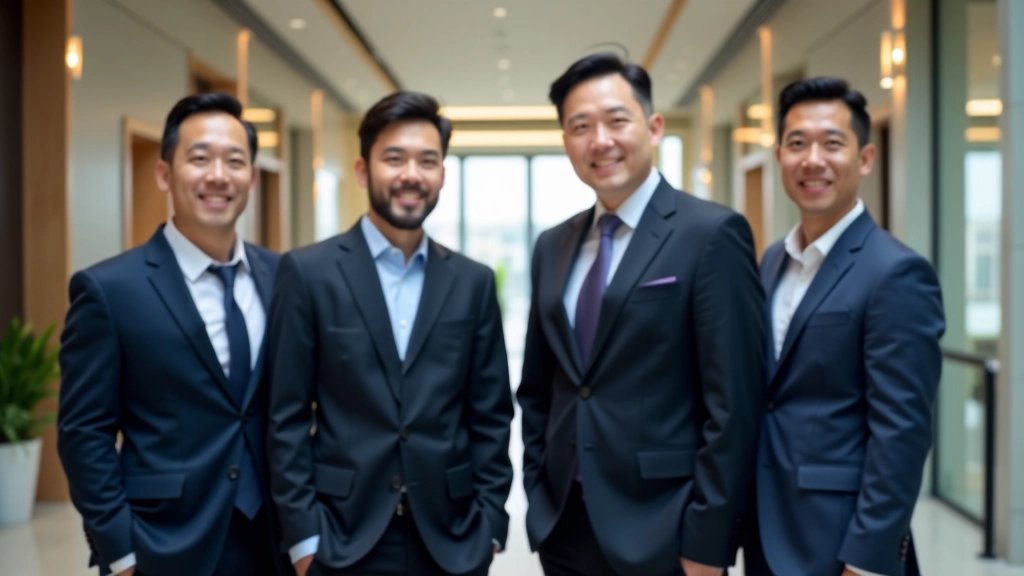 Diverse executive team standing together in a modern office lobby, showing unity and collaboration