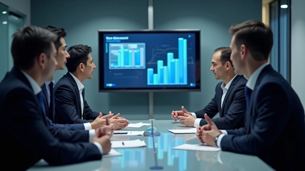 Diverse executive team collaborating in modern conference room with digital displays