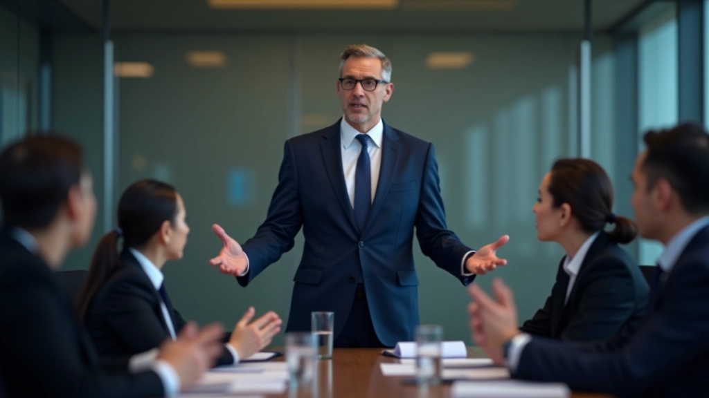 Executive presenting strategy to board of directors in meeting