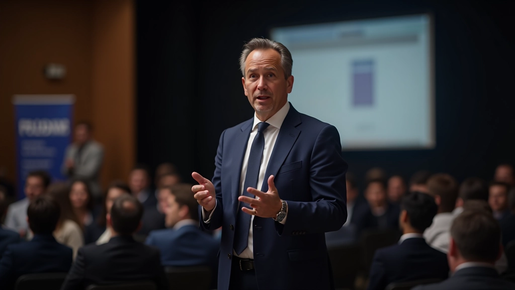 Senior leader presenting to audience in professional conference setting with projection screen