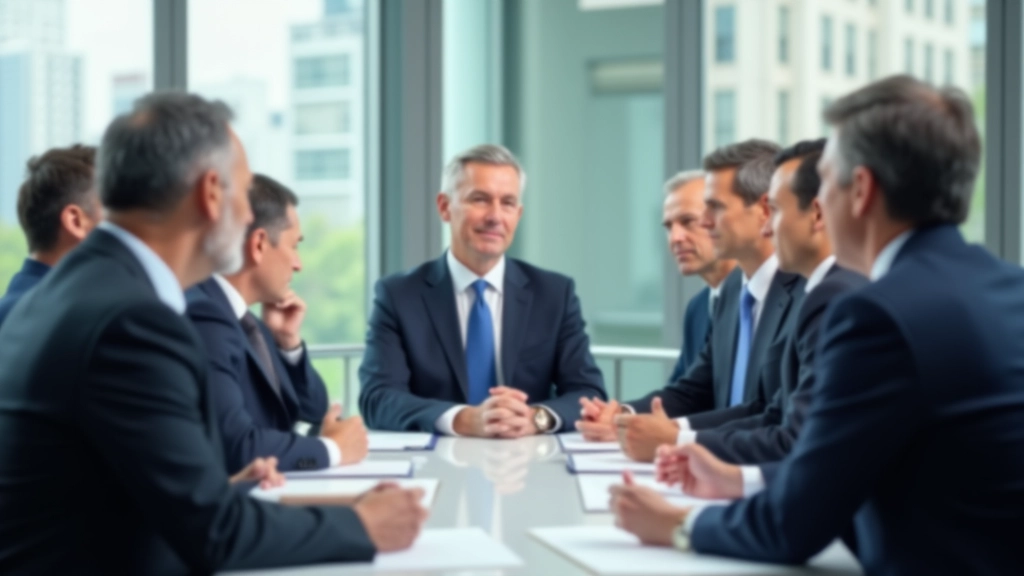 Senior executives in discussion around conference table during strategic planning meeting