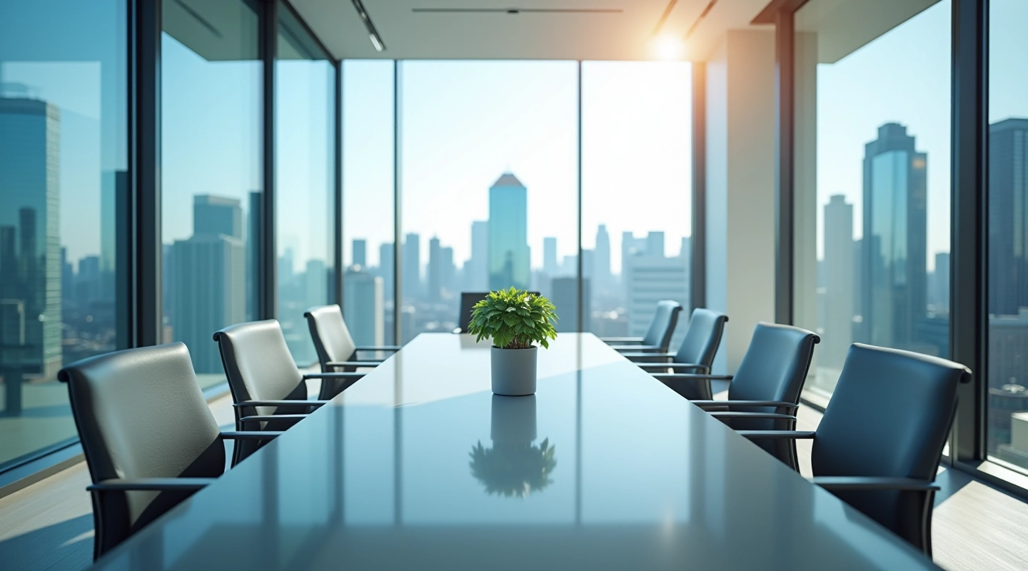 Modern executive boardroom with glass walls and city skyline view