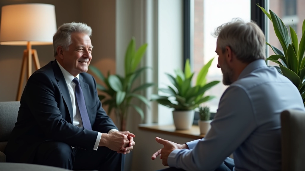 Executive mentor and junior leader in one-on-one coaching session in professional office
