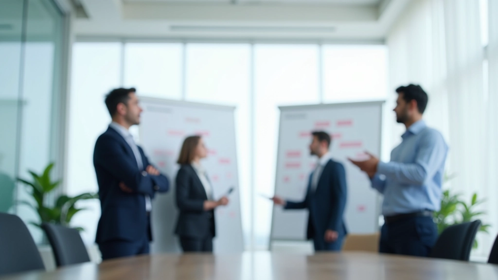 Executive team members reviewing organizational structure and decision framework on a whiteboard in a modern boardroom