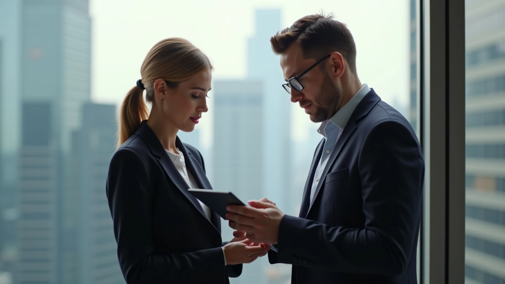 Mentor and mentee reviewing development plan on tablet in office